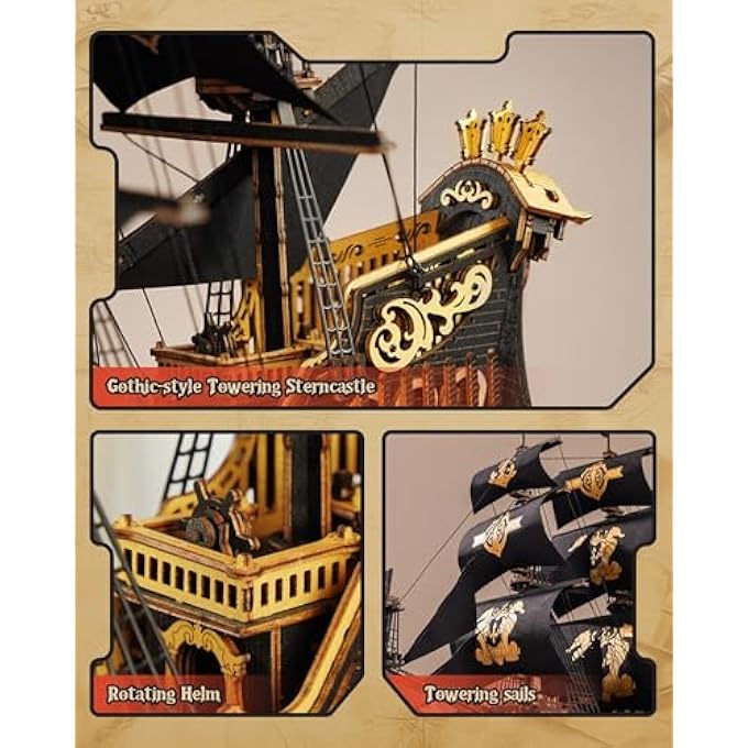 SEAHORSE 3D WOODEN PUZZLES FOR ADULTS, BLACK SAILBOAT MODEL KITS FOR BOYS AND MEN, HOME OFFICE DECOR GIFTS PIRATE SHIP BUILDING (603 PCS) - Image 4